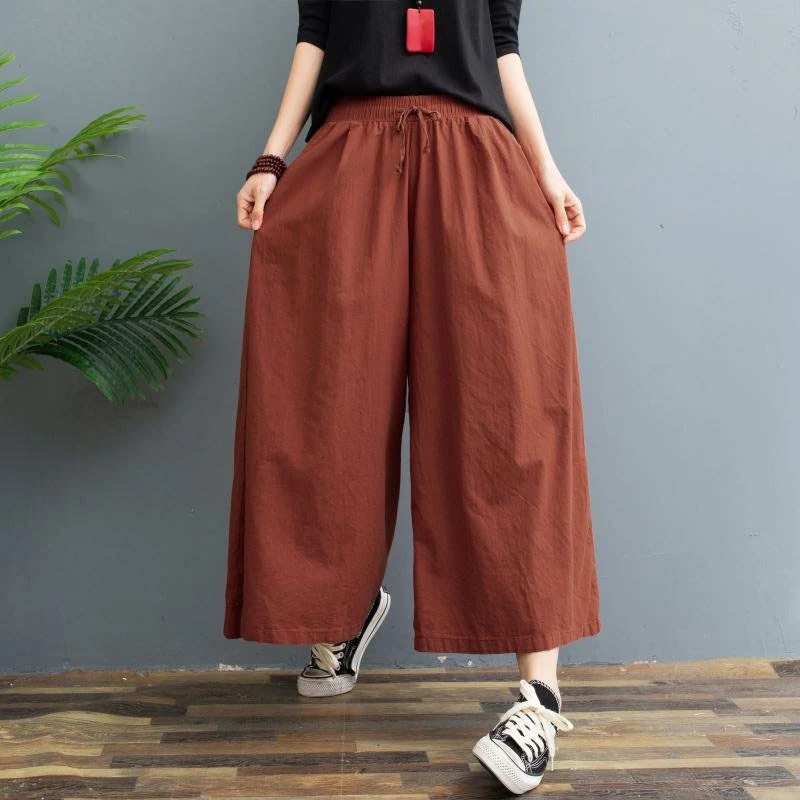 Women Summer Pants New Solid Casual Loose Elastic Waist Cotton Trousers Dress Wide Leg Palazzo Pants for Women Bottoms 4-5XL