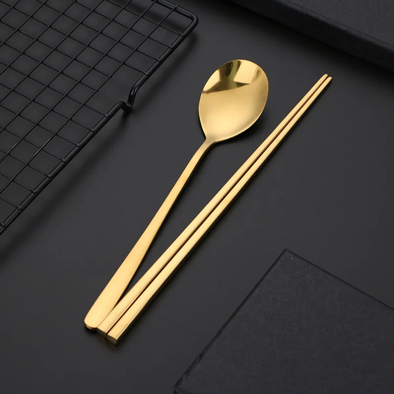 Korean stainless steel food chopsticks spoon set long handle non-slip dessert tableware stainless steel cutlery set