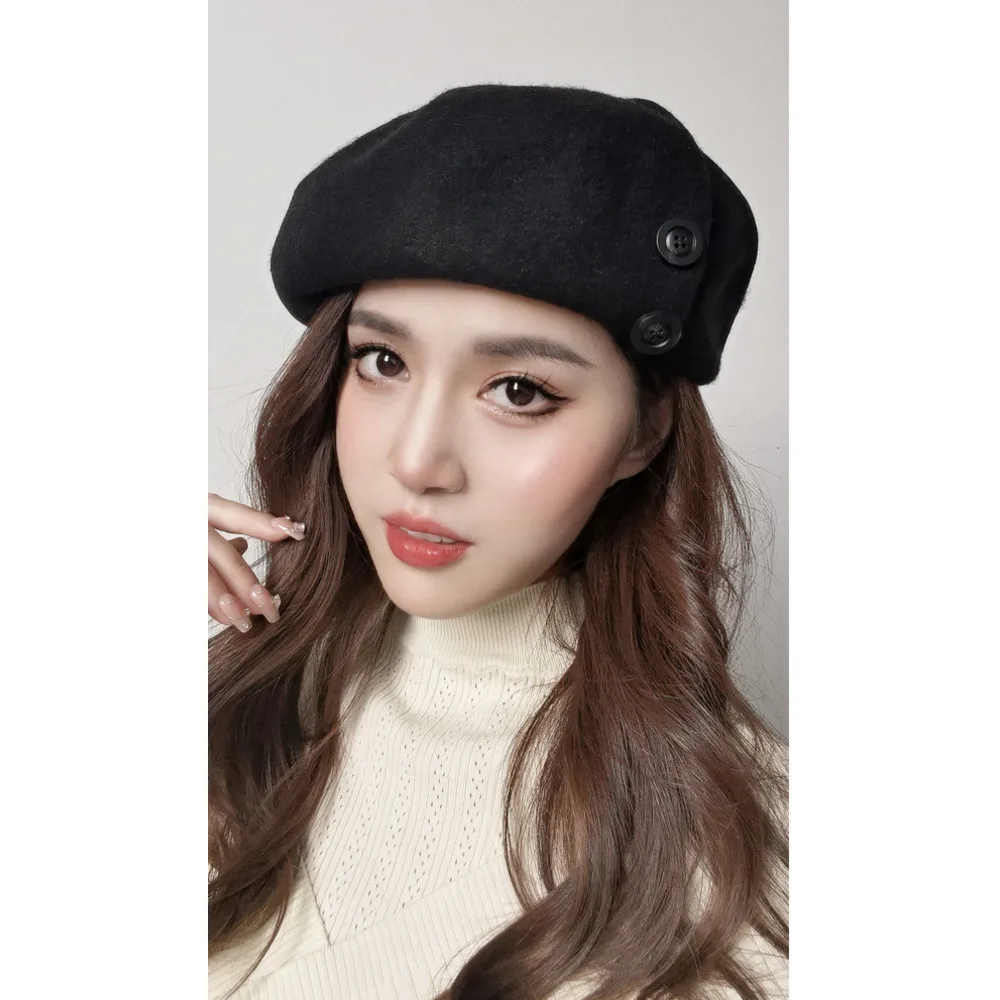 Autumn and winter fashion casual warm button decoration plus large elastic sweatband wool beret painter trendy hat_viptrois.com