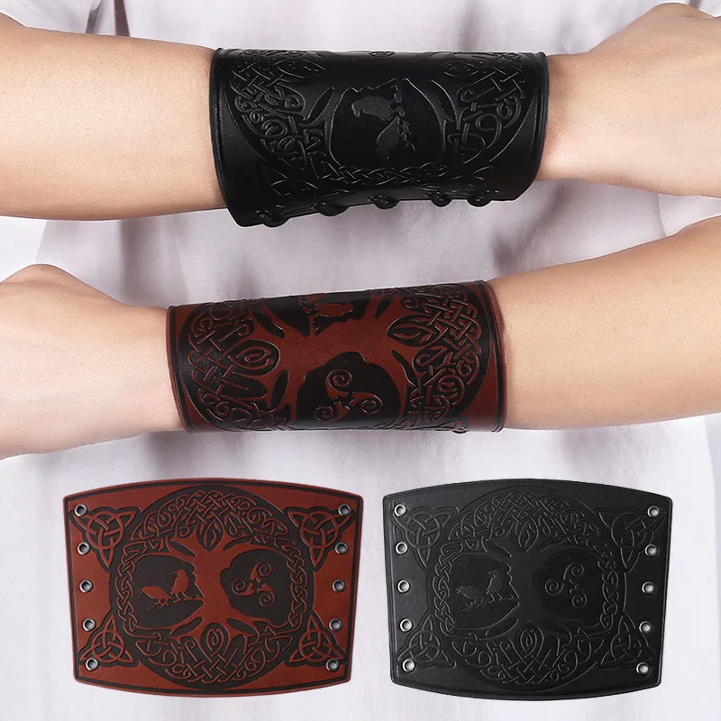 Fashion Punk Wide Leather Bracelet Arm Armor Cuff Wrist Guard Crow and Sheep Head Pattern Wide Bracer for Fancy Dress Stage Show - Image 2