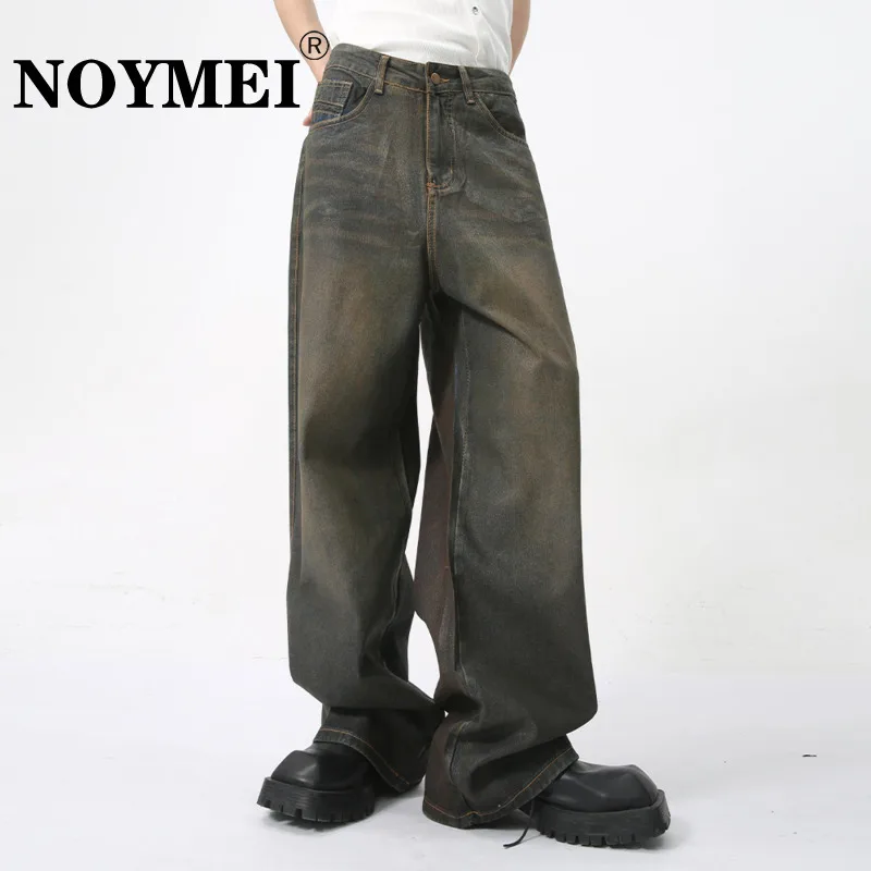NOYMEI Distressed Denim Pants Vintage Style Temperament Straight Wide Leg Jean Men's 2024 Spring New Trousers Trendy WA4432