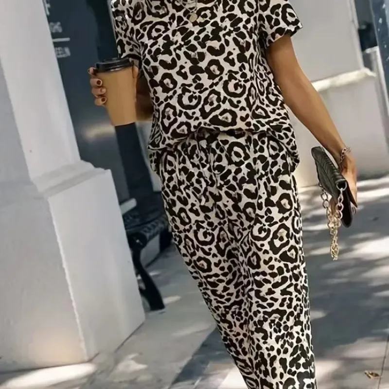 2025 New Fashion Sets For Women 2 Pieces O Neck Leopard Print Short Sleeve Casual Summer Tops  70