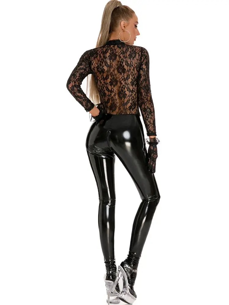 Wet Look PVC Catsuit Long Sleeve Zipper Open Crotch Bodysuit Lace Patchwork See Through Leotard Tight Hot Sexy Clubwear Jumpsuit