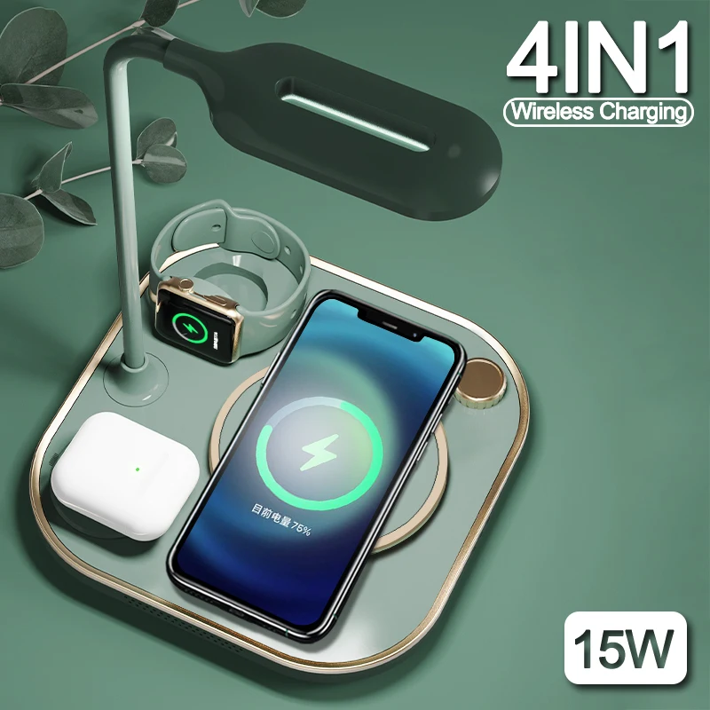 4-в-1 Беспроводная зарядная док-станция с настольными лампами для Iphone 13 12 11 X