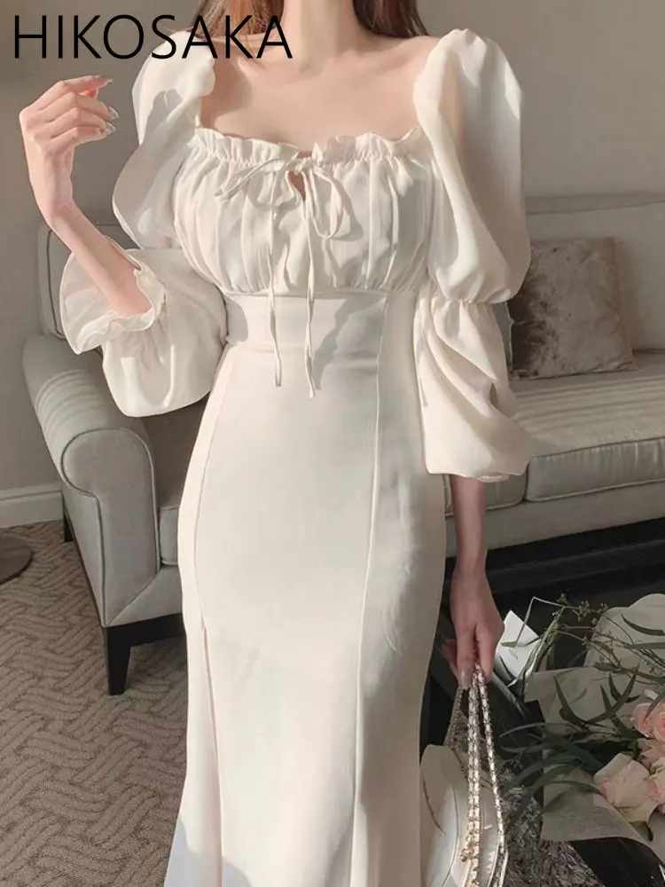 Sweet Folds Fungus Puff Sleeve Women Fishtail Dress Square Collar Lace ...