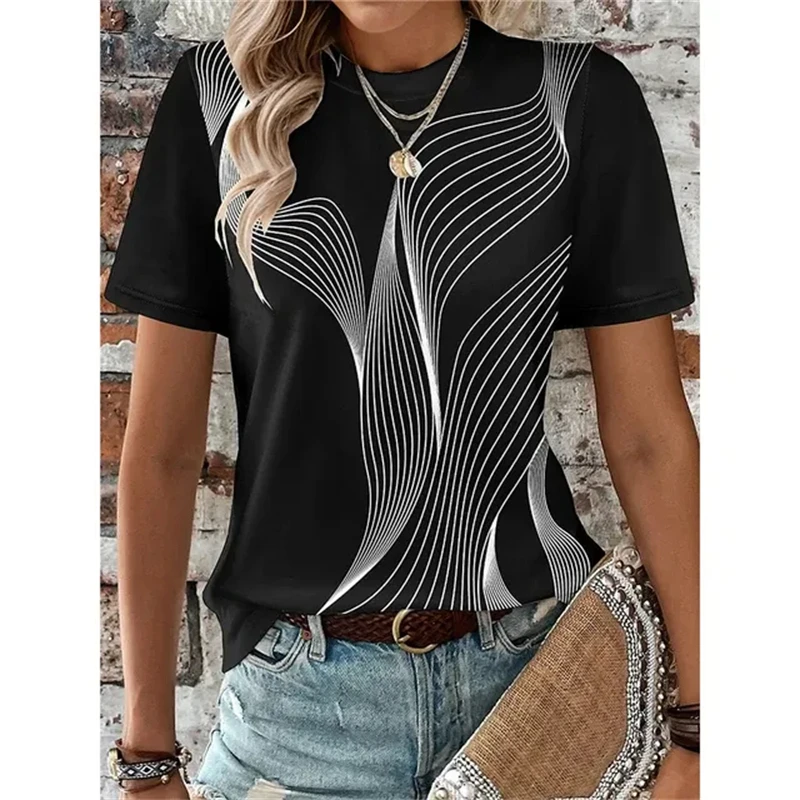 

Funny 3D Stripe Print T Shirt For Women Casual O-neck Short Sleeve Top Fashion Geometry Pattern Women's T-Shirts Female Clothing