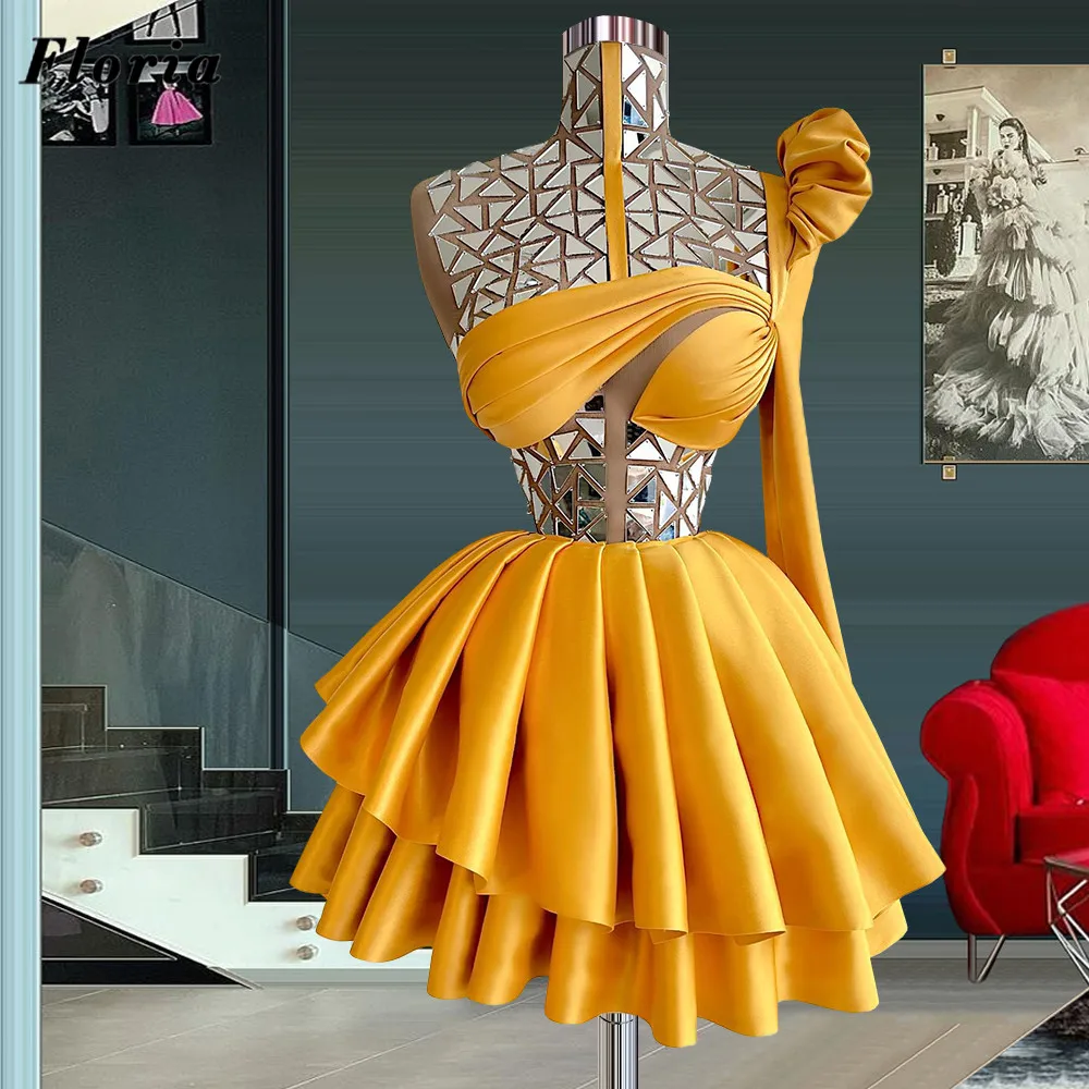 

Floria Yellow Satin A Line Evening Dresses Prom Celebrity Dress Robes De Soiree One Shoulder Sequins Party Cocktail Dresses 2022
