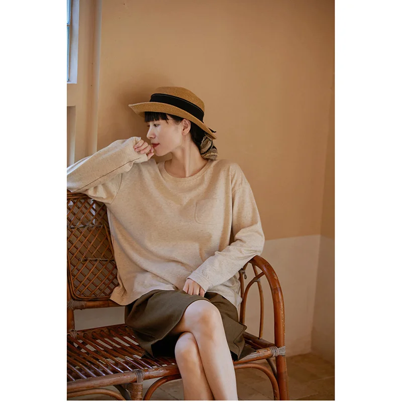 

2022 Autumn New Literature and Art Leisure Original hemp color Han hemp plain skin friendly round neck pullover loose long