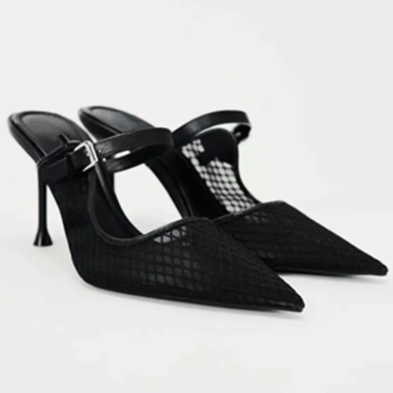 

Black Mesh High Heels Women's Sandals Sexy Pointed Toe Stilettos 2024 Summer Breathable Mules Shoes Laides Sexy Vintage Sandal