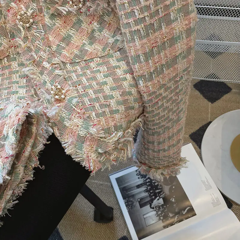 New Tweed Jacket Autumn Women Coat Korean Chic Long Sleeve Crop Top Tweed Blazer Party Outerwear Round Neck Harajuku