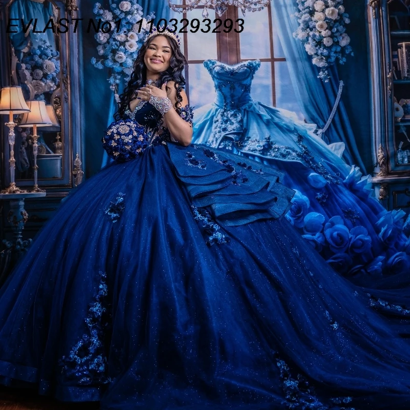 EVLAST Shiny Navy Blue Ball Gown Quinceanera Dress Floral Applique Beading Tiered Sweet 16 Vestidos De 15 Anos E1Q591