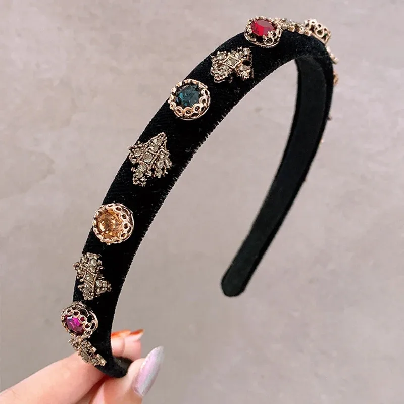 Korean Retro French Velvet Colorful Crystal Headband for Women Vintage Party Autumn Winter Hair Accessories