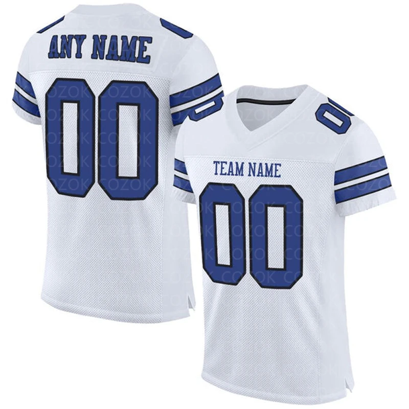 

White Blue Customized Football Jersey for Men Football Short Sleeves Athletic Tee Shirts