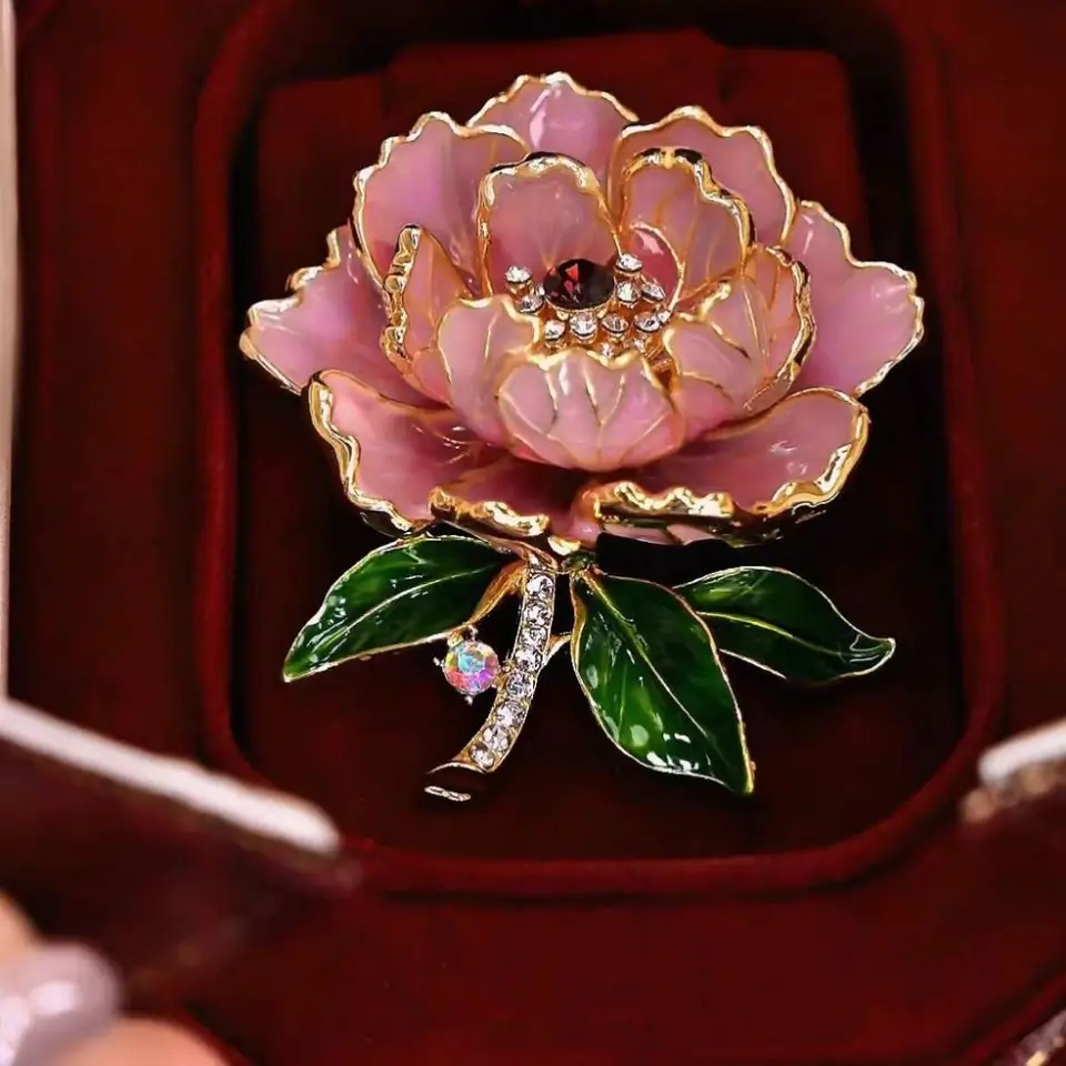 Gold-Plated Peony Enamel Brooch Pin With Pearl - Floral Lapel Pin Jewelry For Women