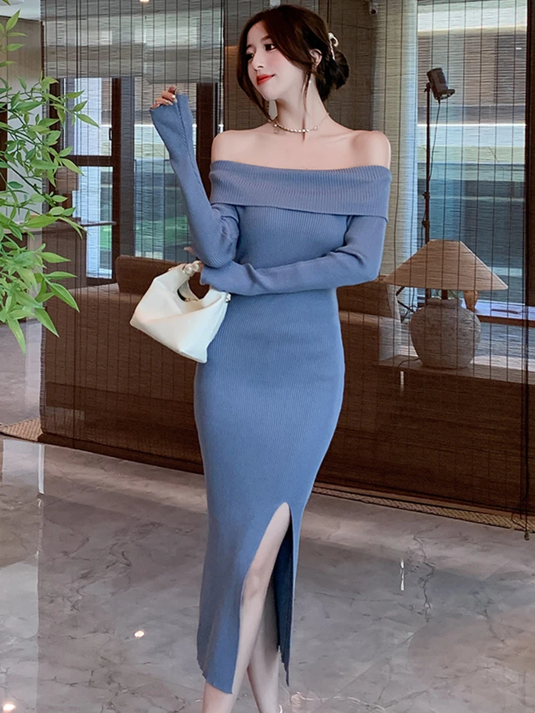 

Holiday Clothes Knitted Dresses Women's Clothing Sexy Sweater Long Sleeve Bodycon Slit Robe Female Street Party Vestidos Autumn