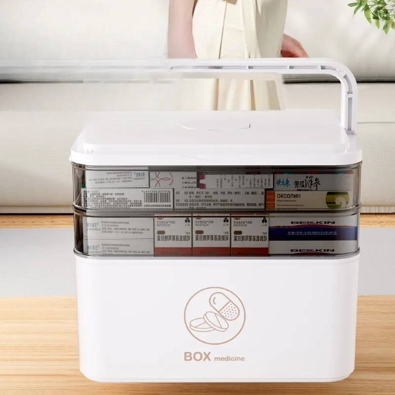 Portable Home Office Cabinet with 4-layer Medicine Storage Box Cover and Handle, Pill Bottle, Emergency Sewing Art Craft