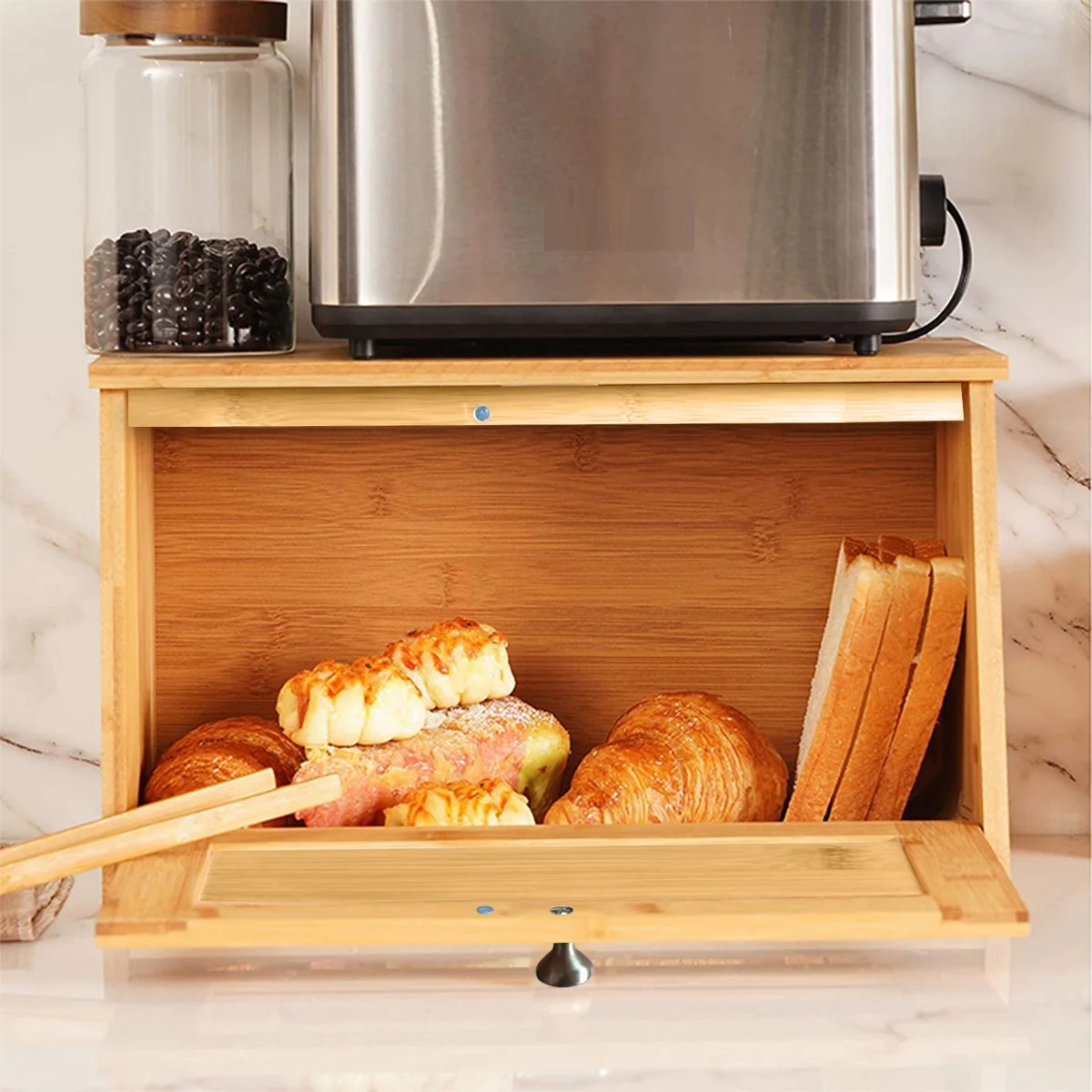 Bamboo Bread Storage Box With Lid,Household Kitchen Counter Large Capacity Food Storage Box,Top Floor Can Hold Sundries 5