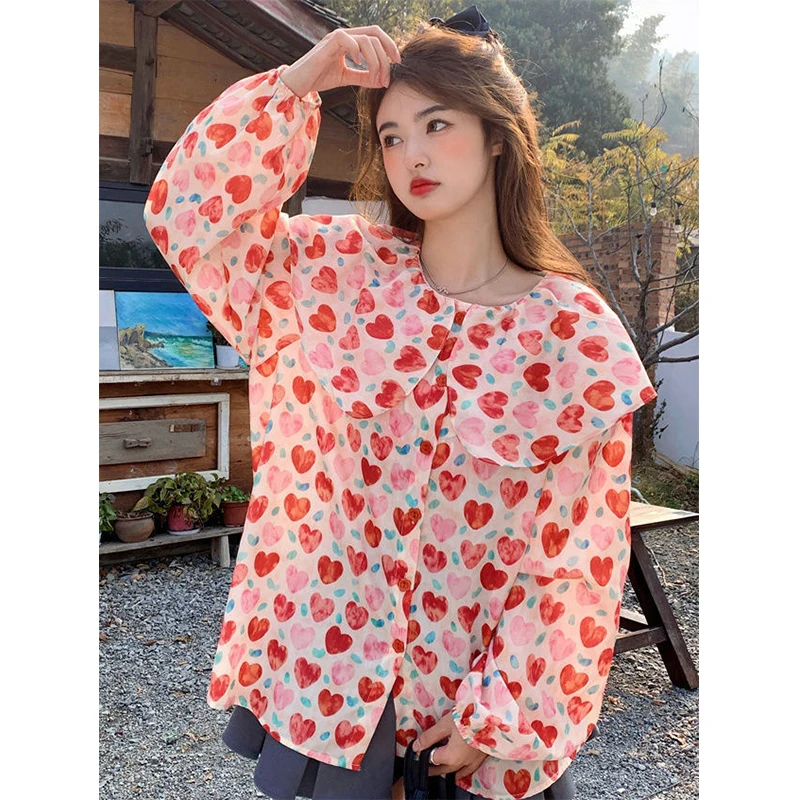 MEXZT Vintage Sweet Floral Shirts Women Cute Love Heart