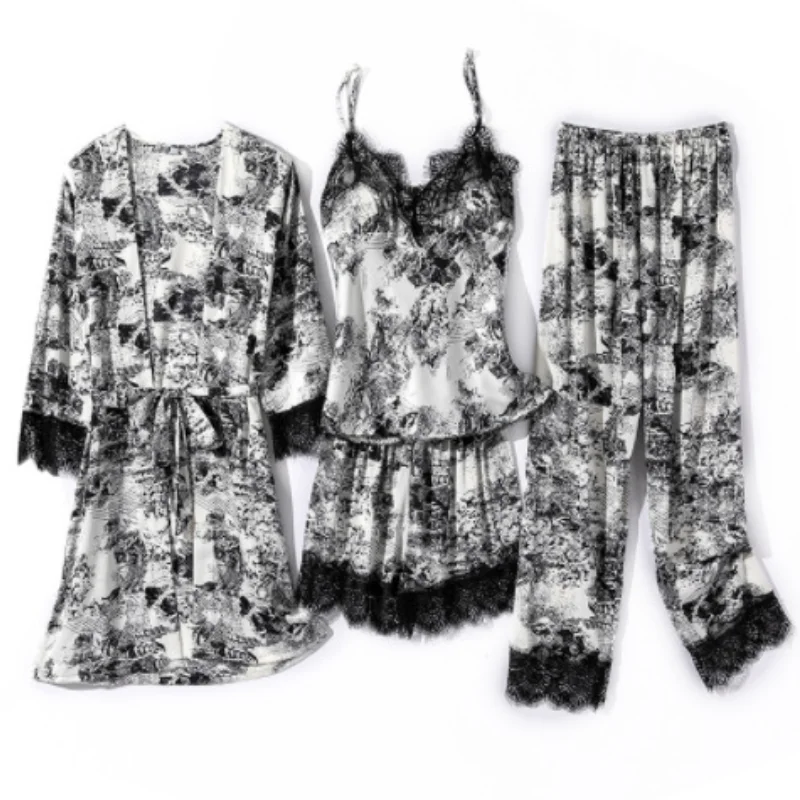 

4 Piece Set Pajamas Long Sleeve Summer Home Print Sling Robe and Pants Sleepwear Clothing Female Fashion Casual