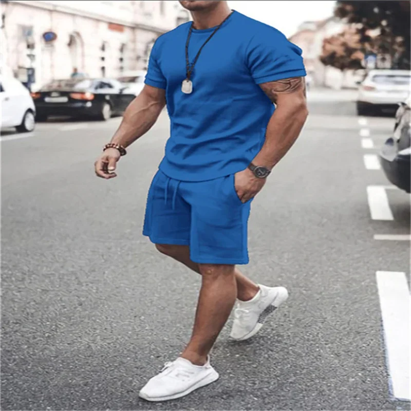 2024 Men's Tracksuit 2 Piece Set Summer Solid Sport Hawaiian Suit Short Sleeve T Shirt and Shorts Casual Fashion Man Clothing