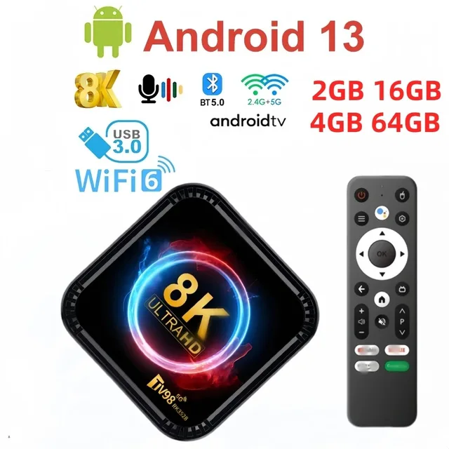 Décodeur TV Android 13, USB 3.0, WiFi 6, RL, 8K, RK3528, Façades Core, 2.4G, 5G, Touristes, Wifi BT, Télécommande vocale, Lecteur multimédia, 4K 1
