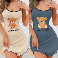 Chemise de nuit caraco imprimé petit ours pour femmes, bretelles Spaghetti, robe de nuit, Mini ourlet en laitue, garniture contrastée, vêtements de détente, Style Y2K 1