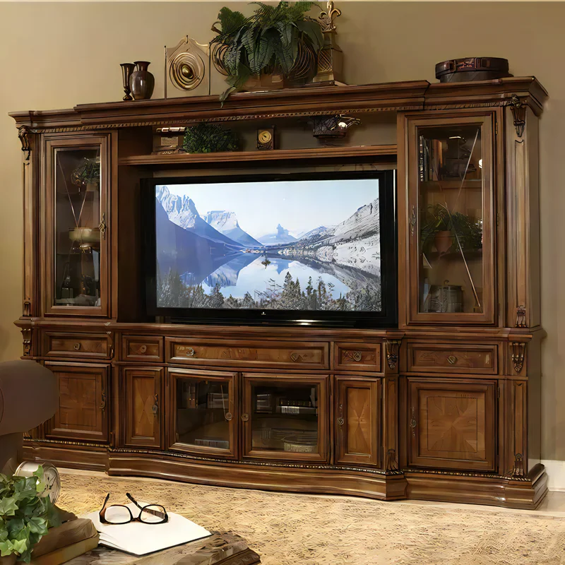 American Traditional Style Luxury TV Cabinet Furniture Solid Wood Wall Mount TV Stands Cabinet