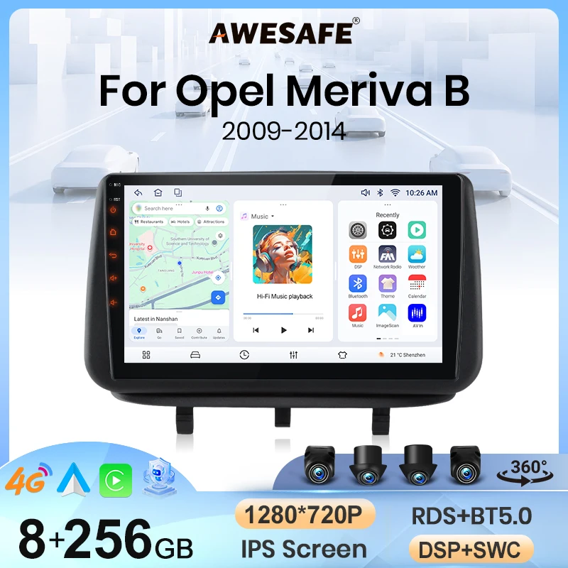 Radio de coche inalámbrico AWESAFE con CarPlay y Android Auto para Opel Meriva B 2009 2010 2011 2012 2013 2014, estéreo multimedia 2 DIN con ventilador de refrigeración integrado, sistemas inteligentes, pantalla táctil, reproductor de video, unidad principal, autorradio, navegación GPS, SWC, 4G, WIFI 1
