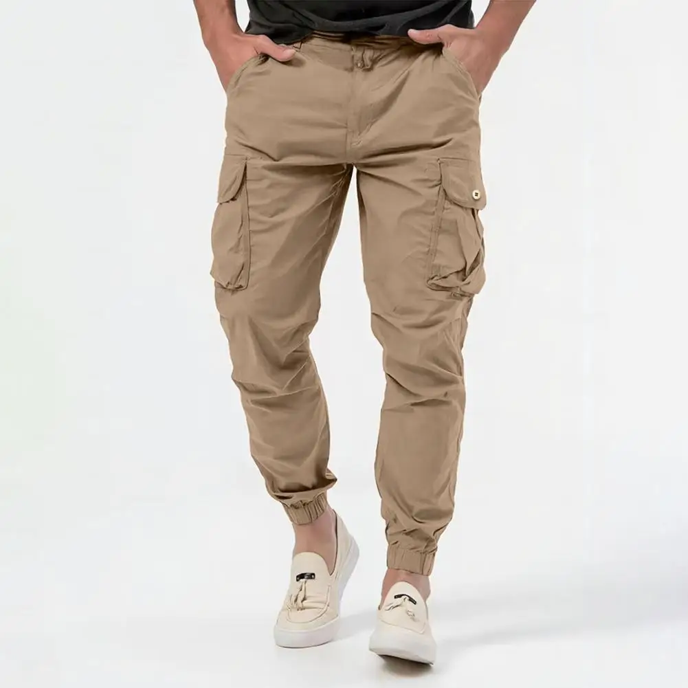 

Men Solid Color Pants Men's Mid Waist Cargo Pants with Multi Pockets Button Zipper Closure Soft Breathable for Long-lasting