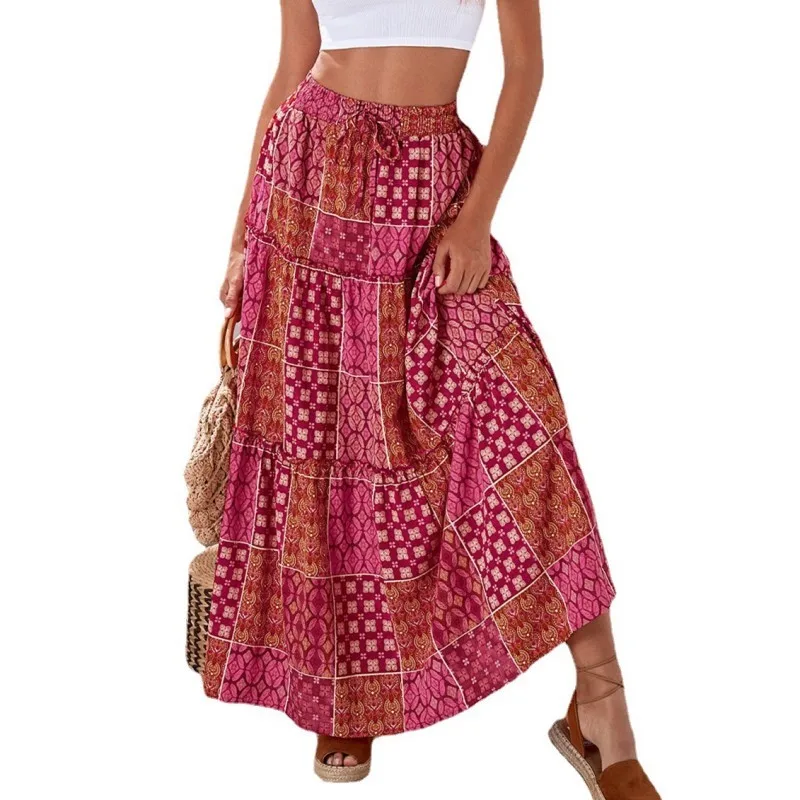 

5XL Bohemian National Style Fashion Printed Casual Skirt Layered Splicing Ruffled Pleats Slim Temperament Commuter Long Skirt