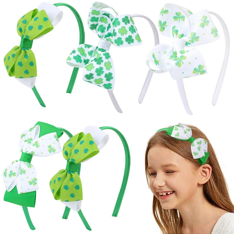 

5'' Clover Girls Bow Headbands St. Patrick 's Day Four Leaf Clover Hair Hoop Children's Ribbon Barrettes Hair Accessories