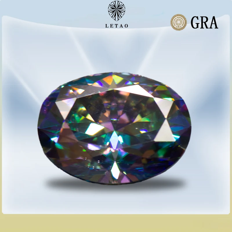 Moissanite Stone Oval Cut Rainbow Green Color  Diamond  Lab Grown Gemstone Jewelry Making Materials with GRA Certificate