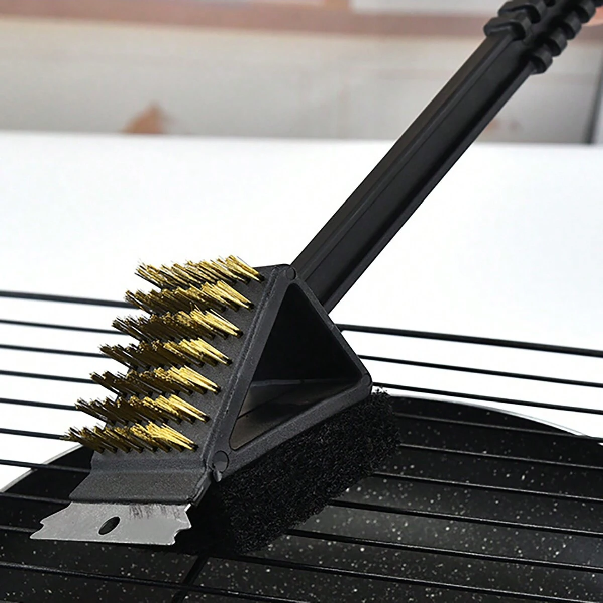 1pc-Long Handle BBQ Tool Barbecue Grill Oven Cleaning 3 in 1 CornerCopper Wire Brush for Outdoor PicnicCopper Wire Sponge Shovel