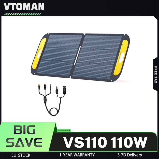 Panneau solaire pliable VTOMAN VS110 110W, surface ETFE étanche IP67, cellules monocristallines à haute efficacité 23%, support réglable, connecteur MC4 pour stations d'alimentation portables, conception conviviale, conception ultra-portable et pliable pour une utilisation nomade 1