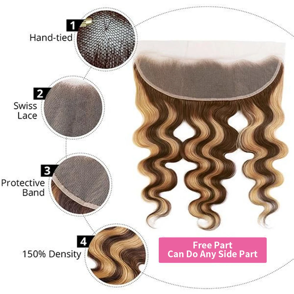 Highlight Body Wave Bundles Human Hair With Frontal P4/27 Ombre Honey Blonde 13x4 Lace Frontal With Bundle Remy Hair Extensions