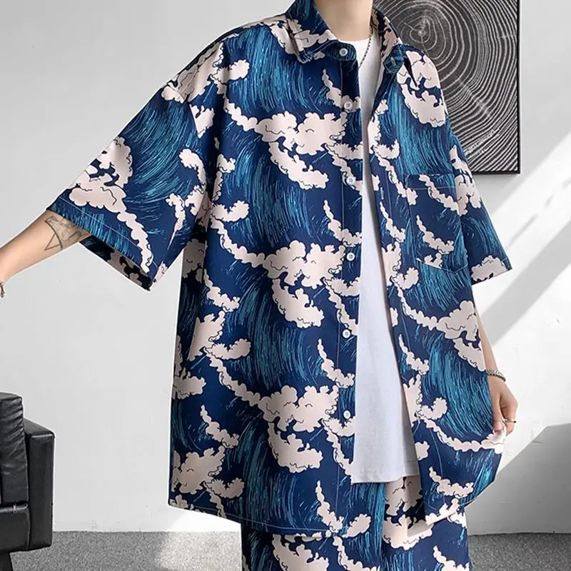 

Elegant Fashion Harajuku Slim Fit Ropa Hombre Loose Casual All Match Outerwear Printed Button Square Neck Short Sleeve Blusa