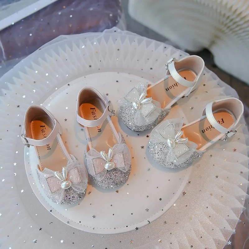 

2024 Spring/summer Casual Single Shoes for Girls and Children Korean Version Bright Diamond Bow Princess Leather Shoes