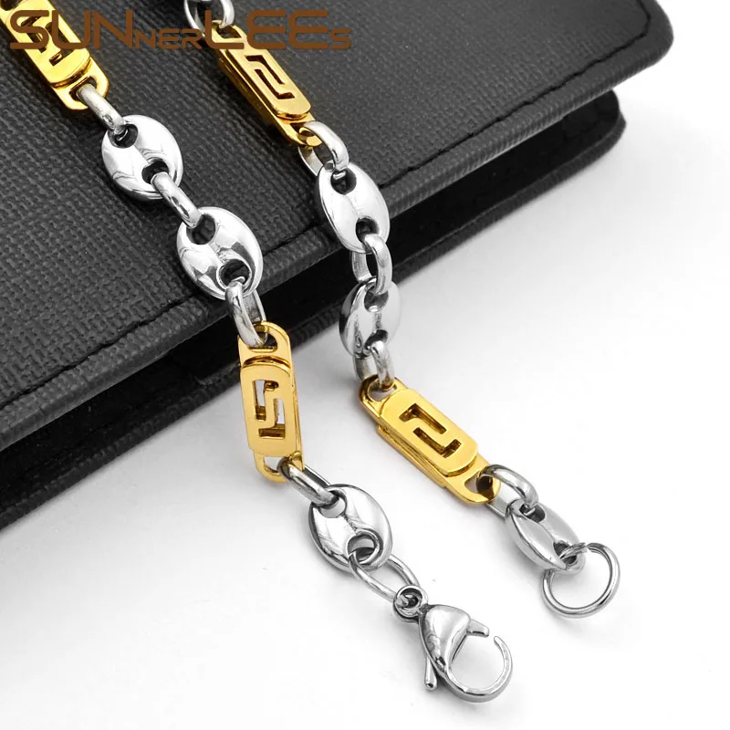 

SUNNERLEES Jewelry Stainless Steel Necklace 8mm Geometric Coffee Beans Link Chain Silver Color Gold Plated Men Women SC104