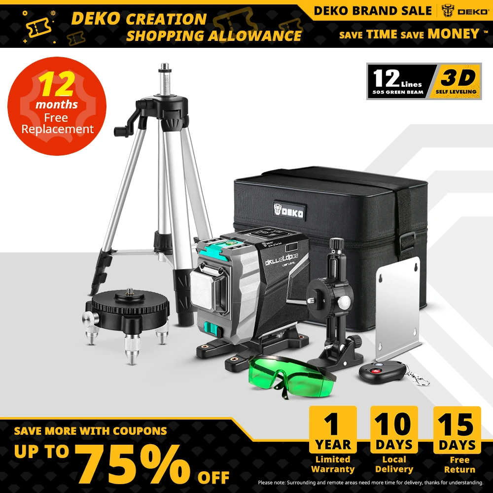 Лазерный уровень DEKO DKLL12tdP02, самонивелирующийся нивелир с 12 вертикальными и горизонтальными линиями зеленого цвета