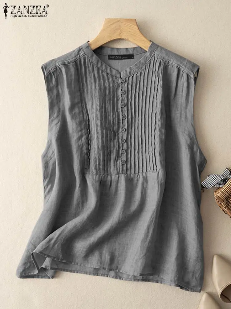 

2023 Summer Vintage Tanks Tops ZANZEA Casual Pleated Shirt Female Solid Women Sleeveless Blouse Loose Beach Blusas Chemise Tunic