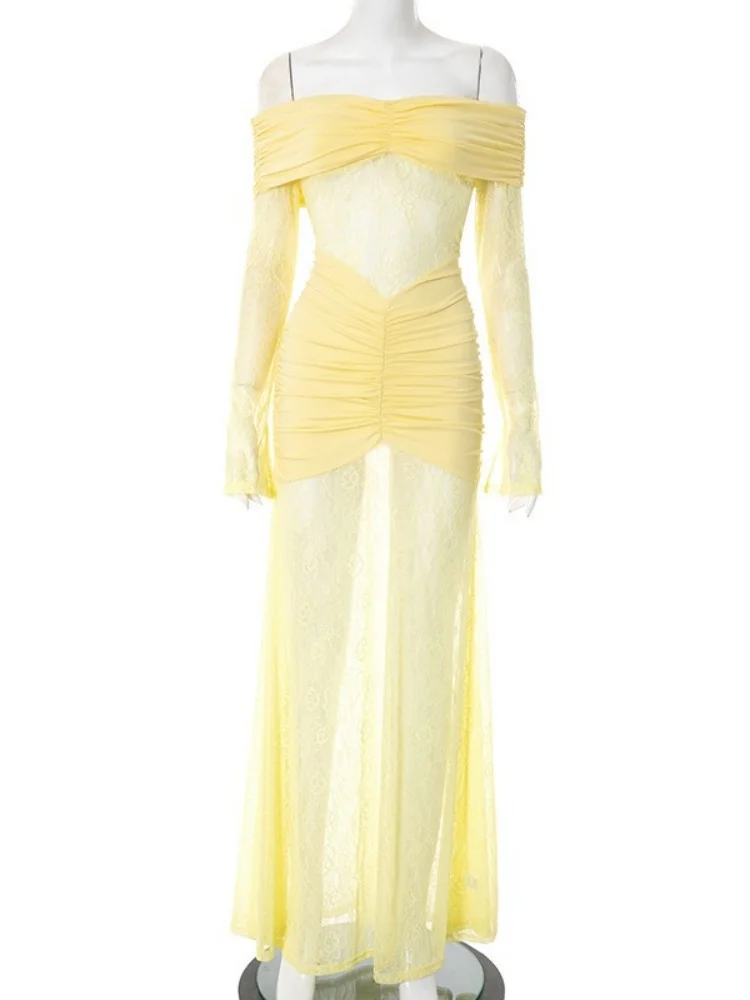 Wmstar Dress Wholesale Women Dresses with Lace Patchwork One Shoulder Slit Long Sleeved Pleated Long Skirt One Pieces 2025