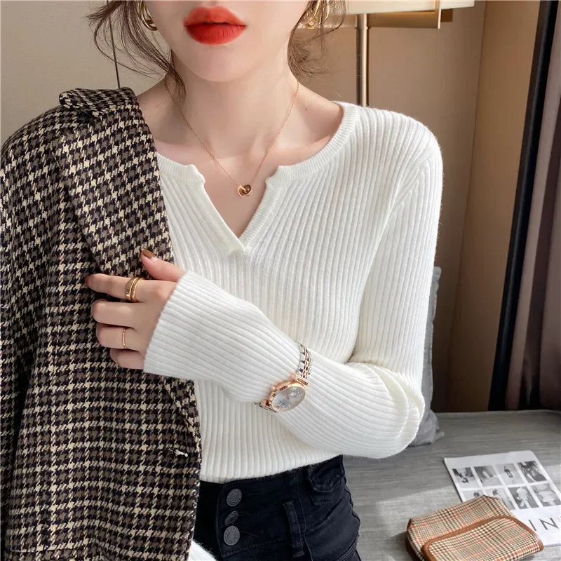 

Sweet V-Neck Sweater Women Pullovers Autumn and Winter 2023 New Knitwear Slim Fit Long Sleeve Tops Solid Clothes Blusas 24423