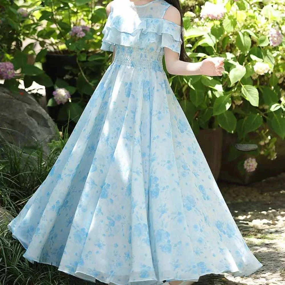 Elegant Loose Girls Chiffon Floral Dress Pleated Teenagers Summer Dresses Party Beach Vacation Children Princess Dress Beach