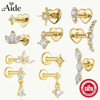 AIDE Heart Round Ball Flat Helix Piercing Earring 925 Sterling Silver Ear Studs Geometric Zircon Exquisite Trinket Studs Aretes