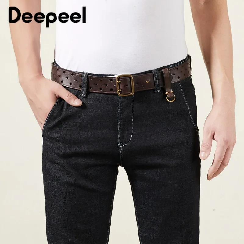 Pure Cowhide 3.8cm Wide leather belt for Men Double Pin Buckle Male Jeans Belts Luxury Gift Waistband