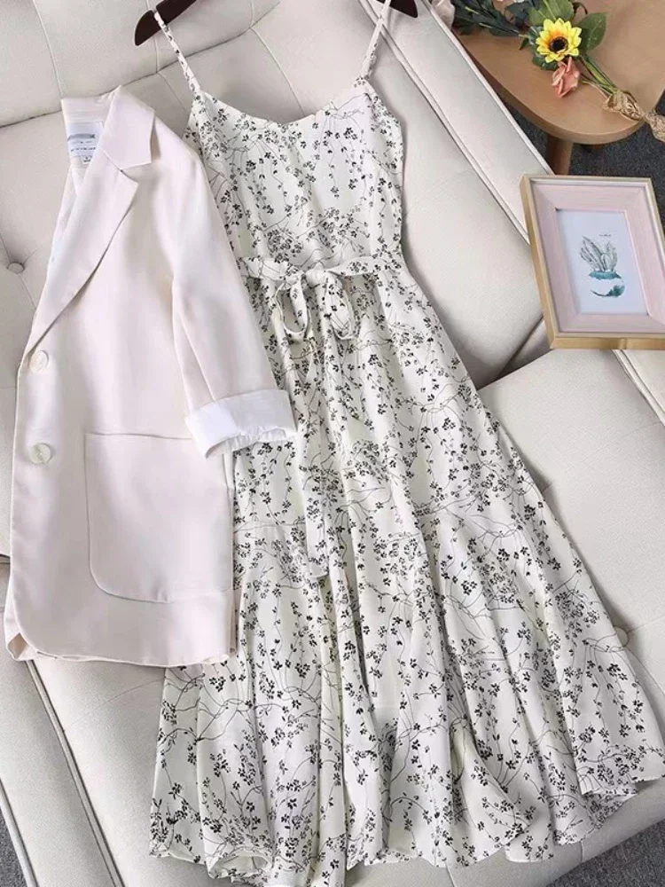 Work Dress New Solid Color Long Sleeve Suit Printing Lace-up Halter Skirt Office Wear Women Fashion Gentle Elegant Dress Suits
