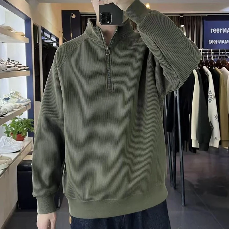 Autumn Winter New Solid Color Fashion Long Sleeve Sweatshirts Man High Street Casual Loose Zipper Thicken Warm Y2K Pullovers