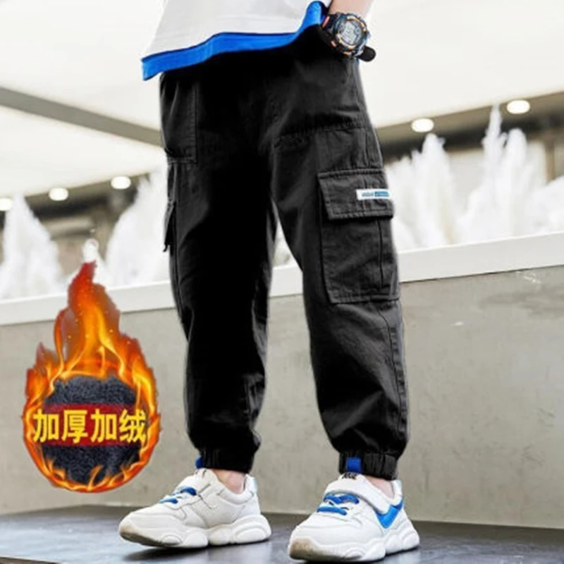 

Warm Fleece Trousers for Kid Boys Winter Casual Cotton Pants Kids Autumn Spring Casual Cargo Trousers for Big Teen Boys 8 10 12