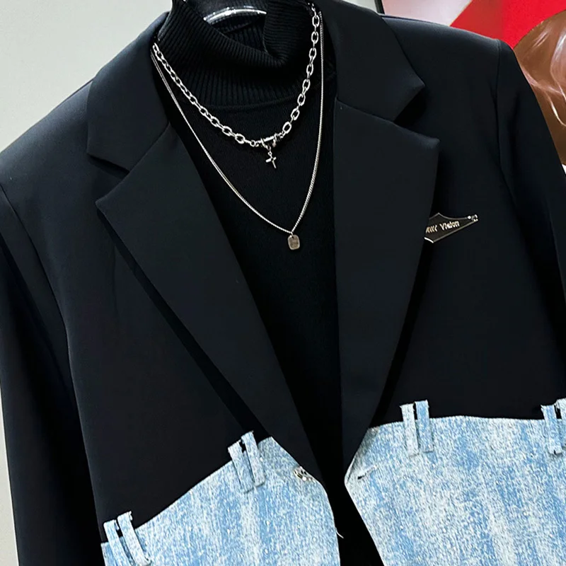 PFHQ Spring Autumn Design Men's Fashion Trend Casual Splicing Denim Patchwork Suit Jacket Streetwear