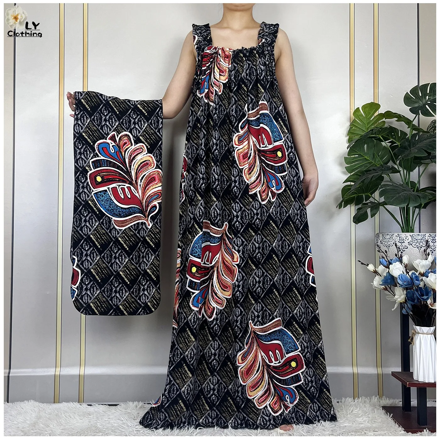 

2024 New Dubai Women Summer Sleeveless Dresses Cotton Tie-dyed African Dashiki Maxi Lady Fashion Elegant Robe Loose Vestidos